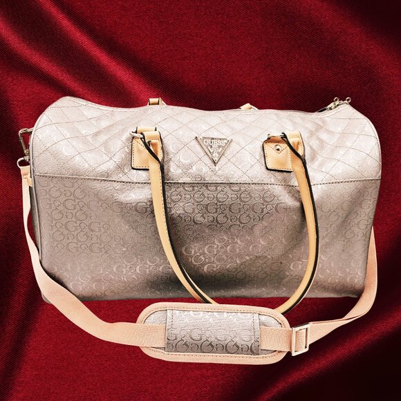 GUESS Signature Logo Duffel Satchel Bag – Beige/Tan Shoulder Strap - Picture 1 of 10
